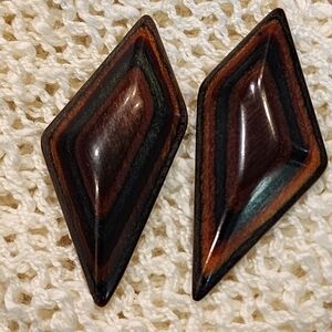 Vintage Boho Wooden Statement Pierced Earrings, Unmarked